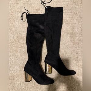 Black Over-the-Knee-High Boots with Gold Heel